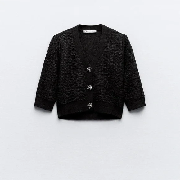 Zara Textured Cropped Cardigan Sweater – Black Puff Sleeve – Silver Buttons – M - Picture 5 of 8